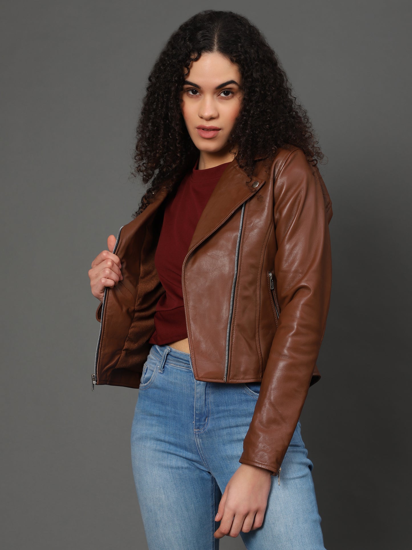 Women’s Brown Genuine Sheepskin Leather Jacket with Princess Seams