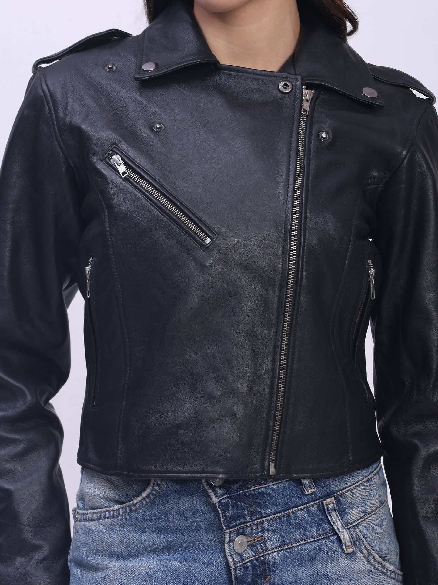 Women’s Genuine Sheepskin Leather Jacket with Princess Seams & Hidden Zip