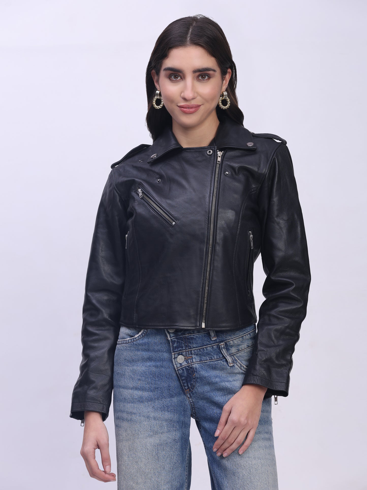 Women’s Genuine Sheepskin Leather Jacket with Princess Seams & Hidden Zip