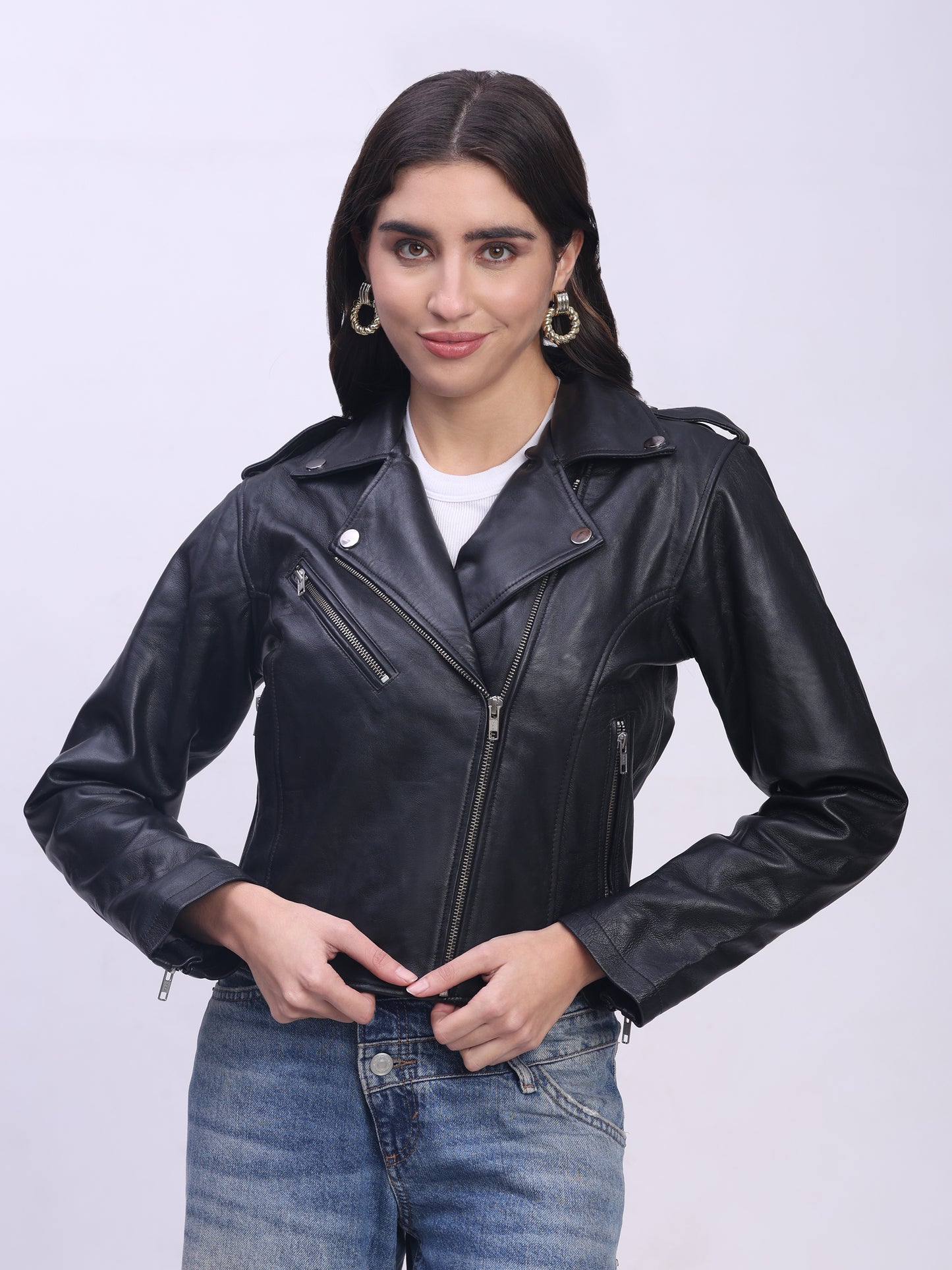 Women’s Genuine Sheepskin Leather Jacket with Princess Seams & Hidden Zip