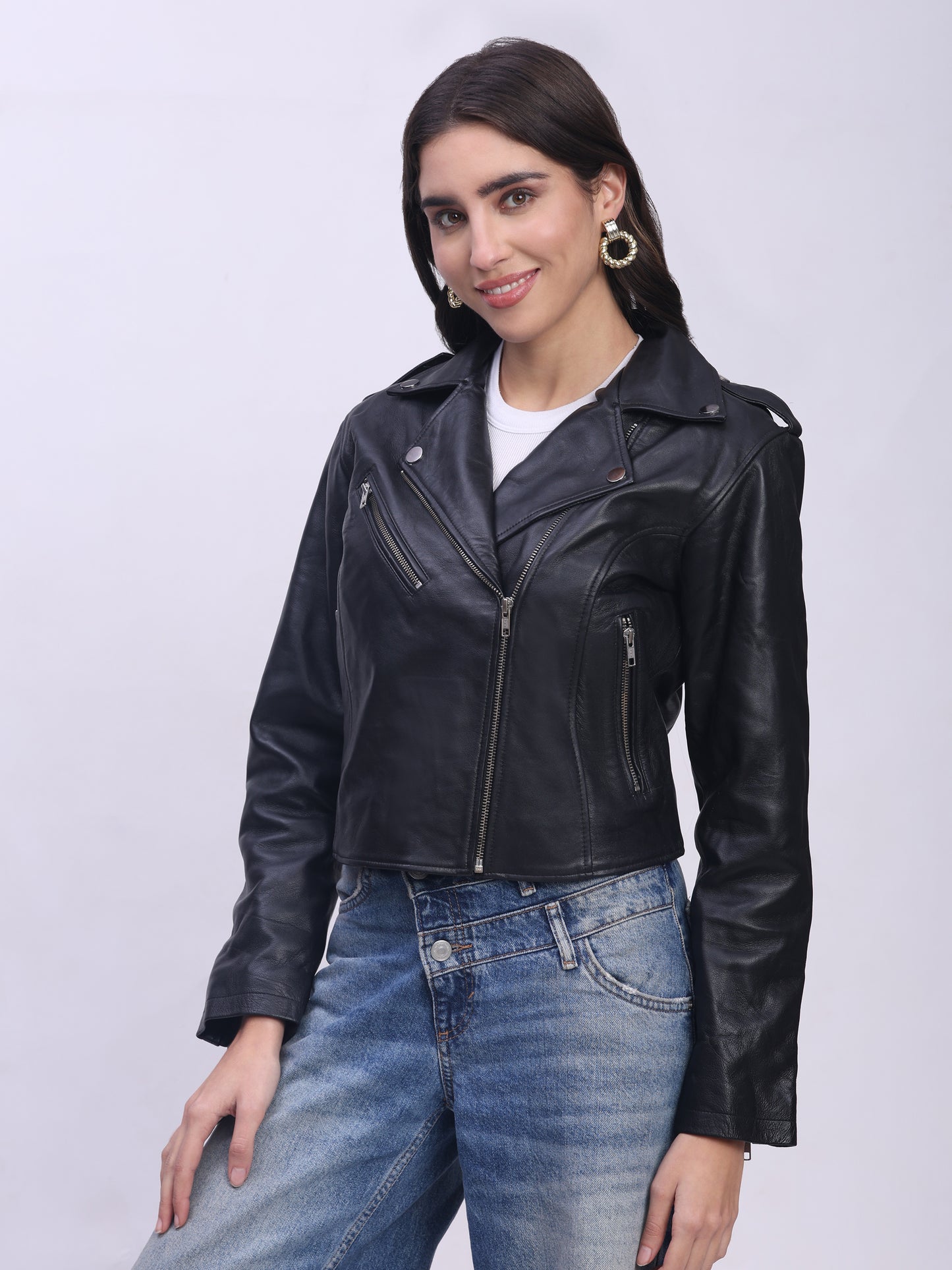 Women’s Genuine Sheepskin Leather Jacket with Princess Seams & Hidden Zip