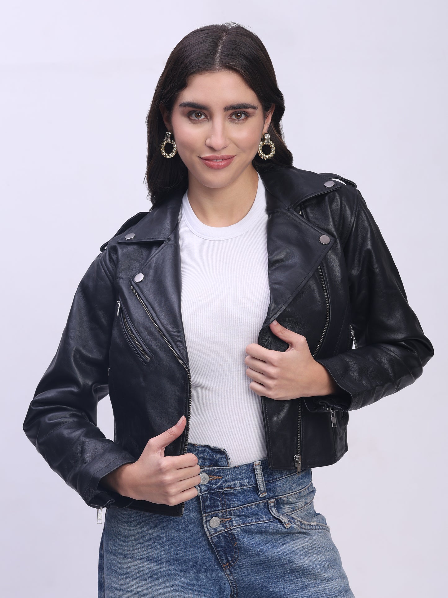 Women’s Genuine Sheepskin Leather Jacket with Princess Seams & Hidden Zip