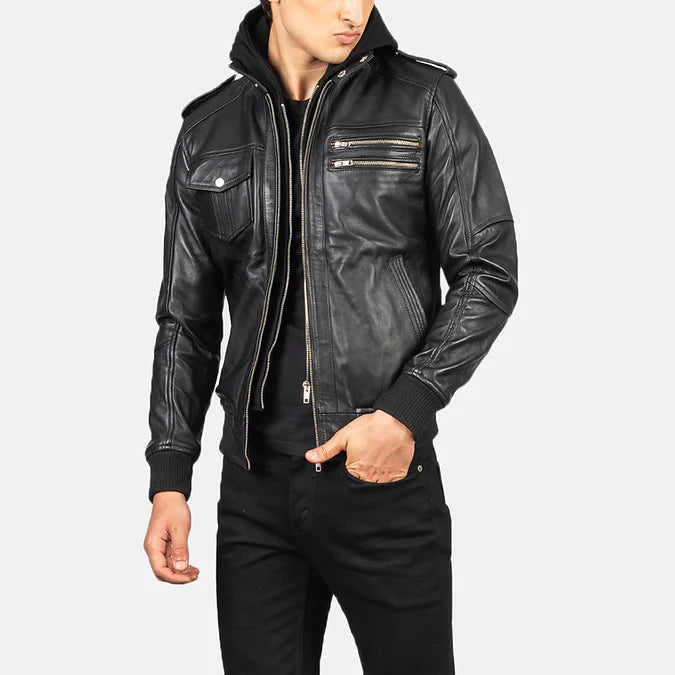 The Black Hooded Leather Jacket :- Charmshilp