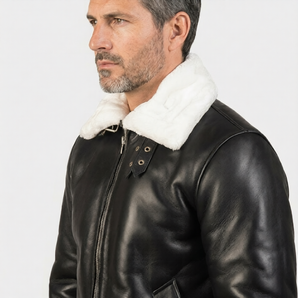 The Black Bomber Leather Jacket With Shearling Fur