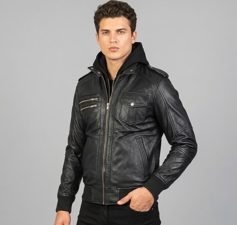 The Black Hooded Leather Jacket :- Charmshilp