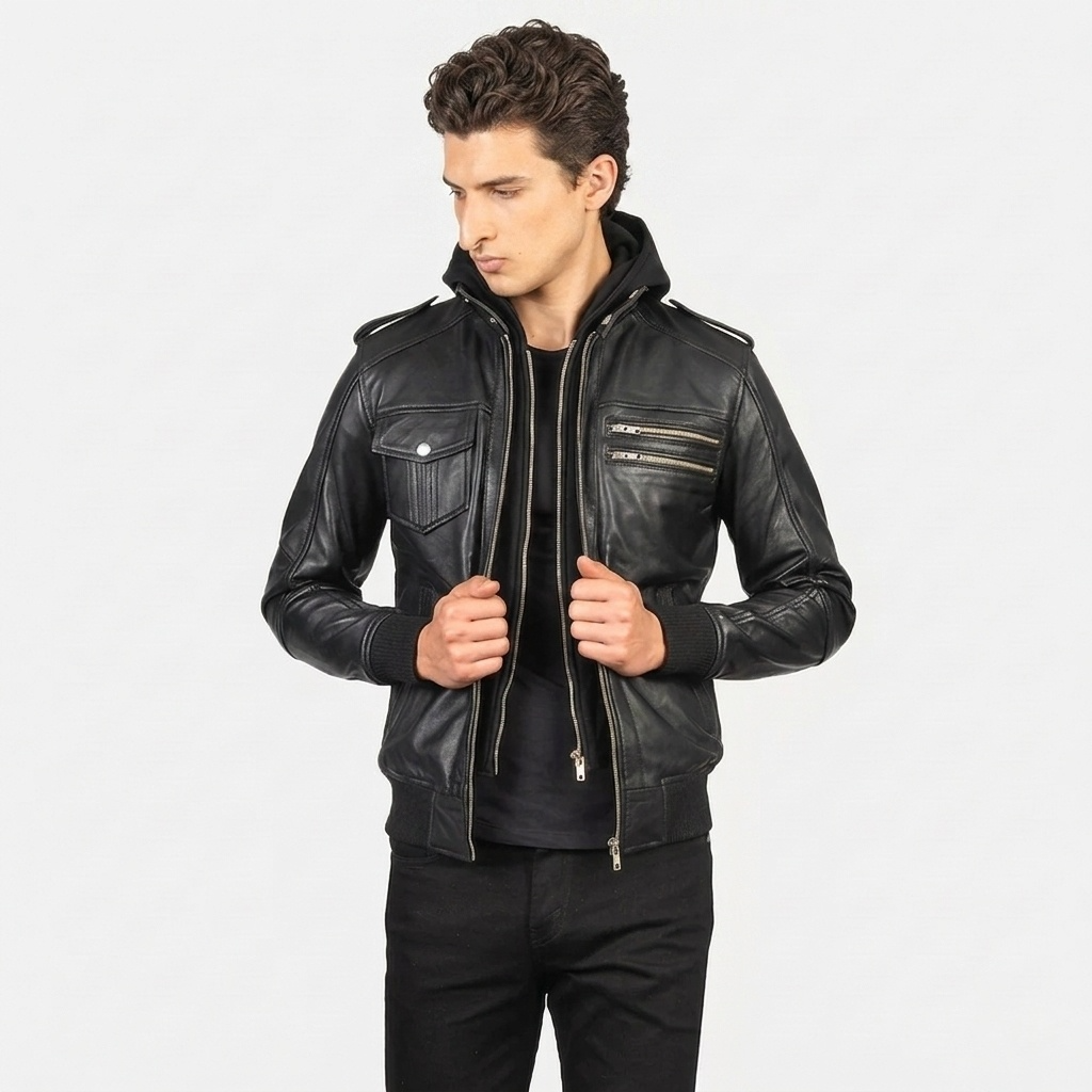 The Black Hooded Leather Jacket :- Charmshilp