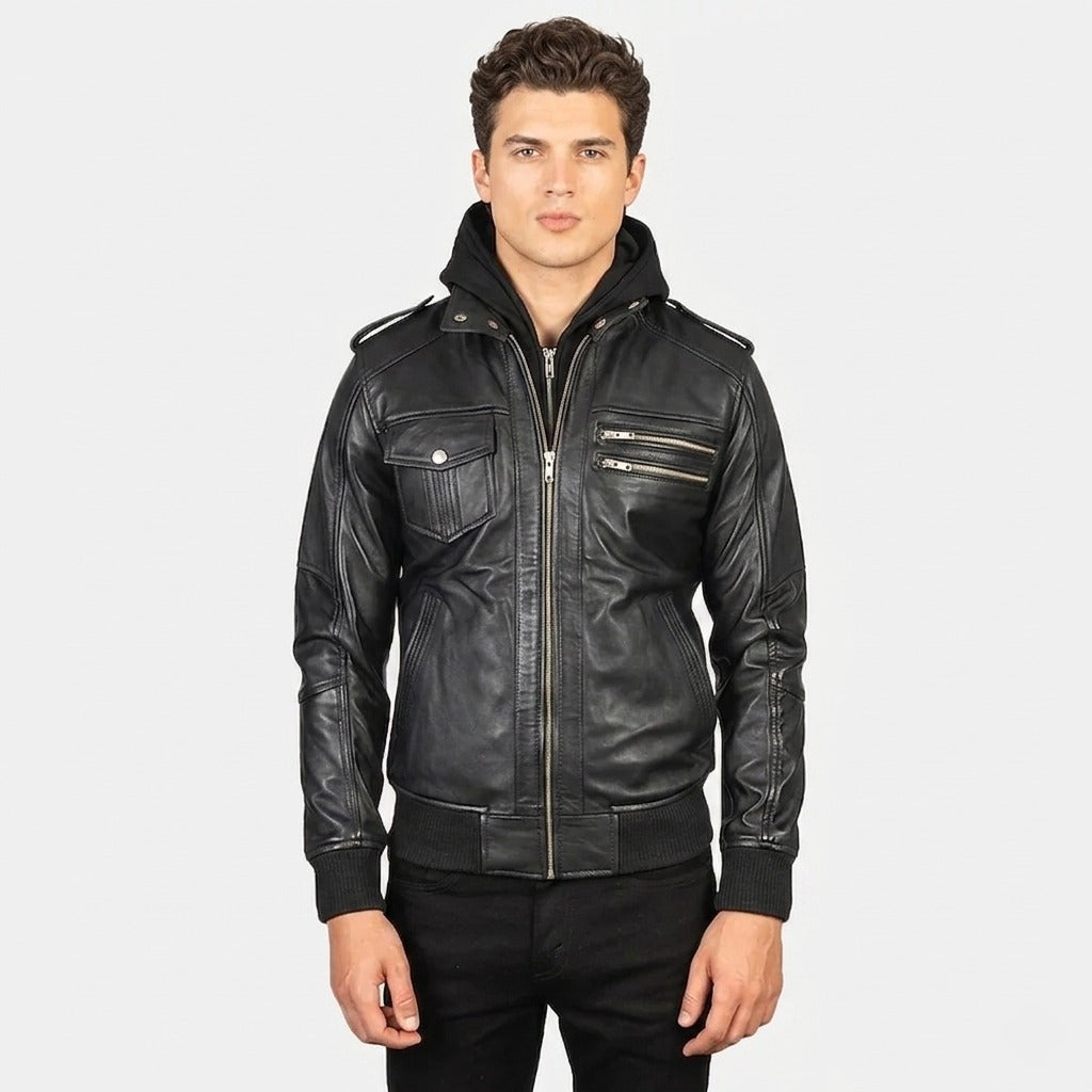 The Black Hooded Leather Jacket :- Charmshilp