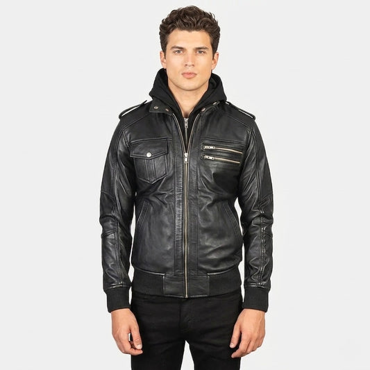 The Black Hooded Leather Jacket :- Charmshilp