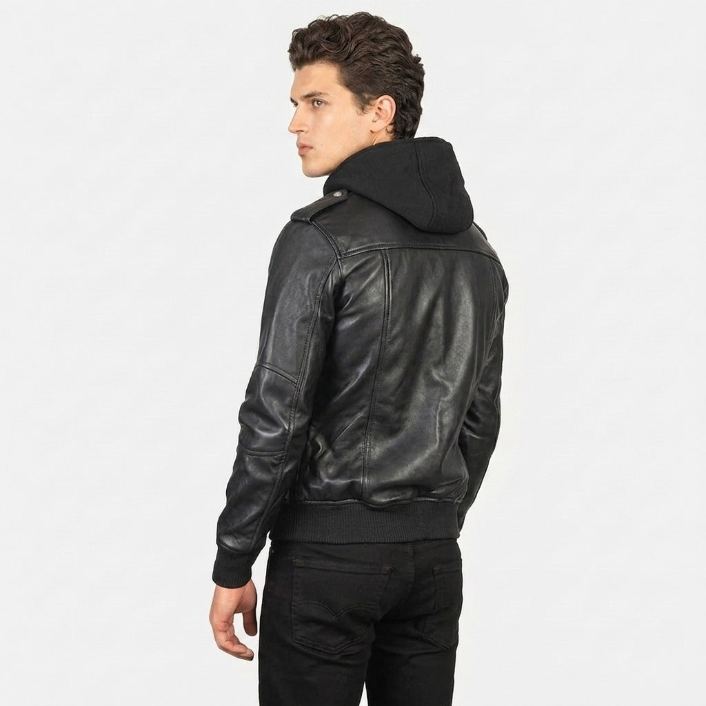 The Black Hooded Leather Jacket :- Charmshilp