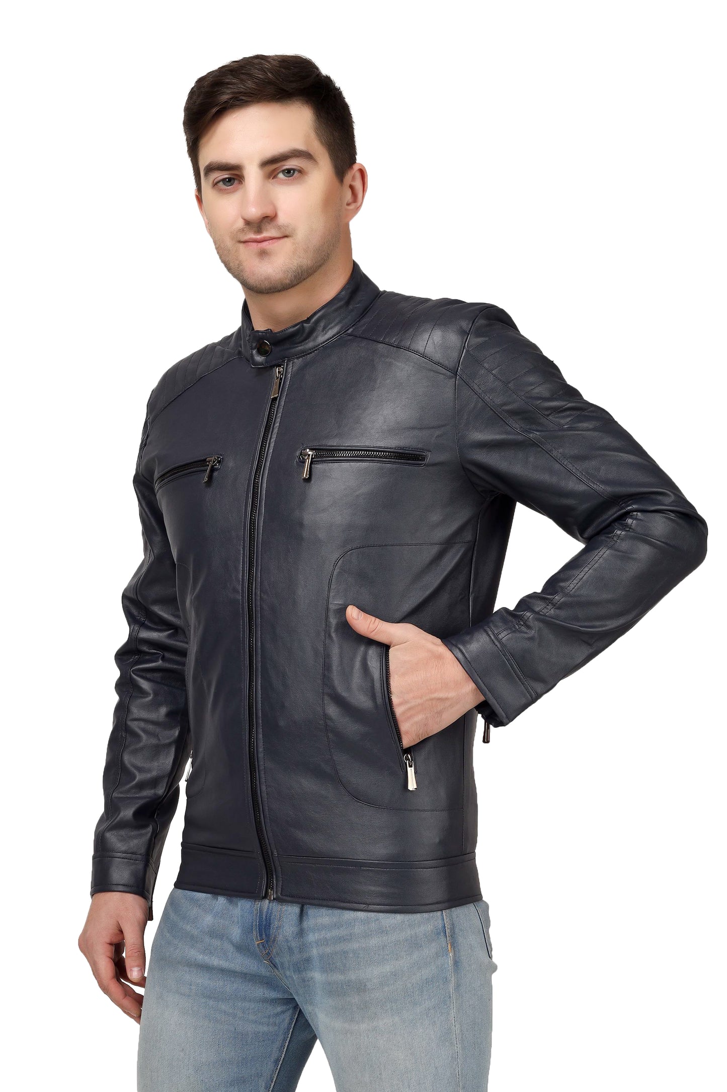 Full Sleeve Mesh Men PU Leather Jacket for Men :- Charmshilp
