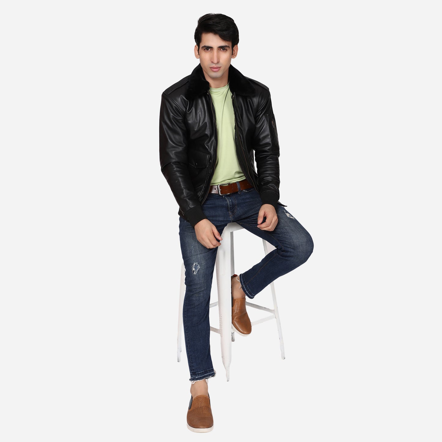 Vikram Bomber Attachable Shearling Collar leather jacket