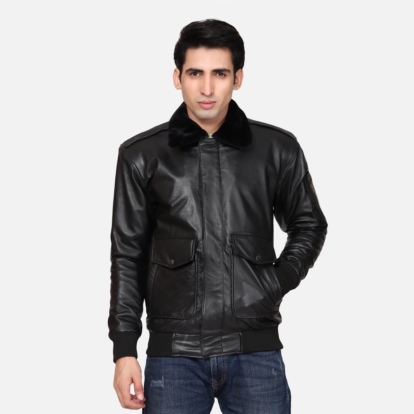 Vikram Bomber Attachable Shearling Collar leather jacket