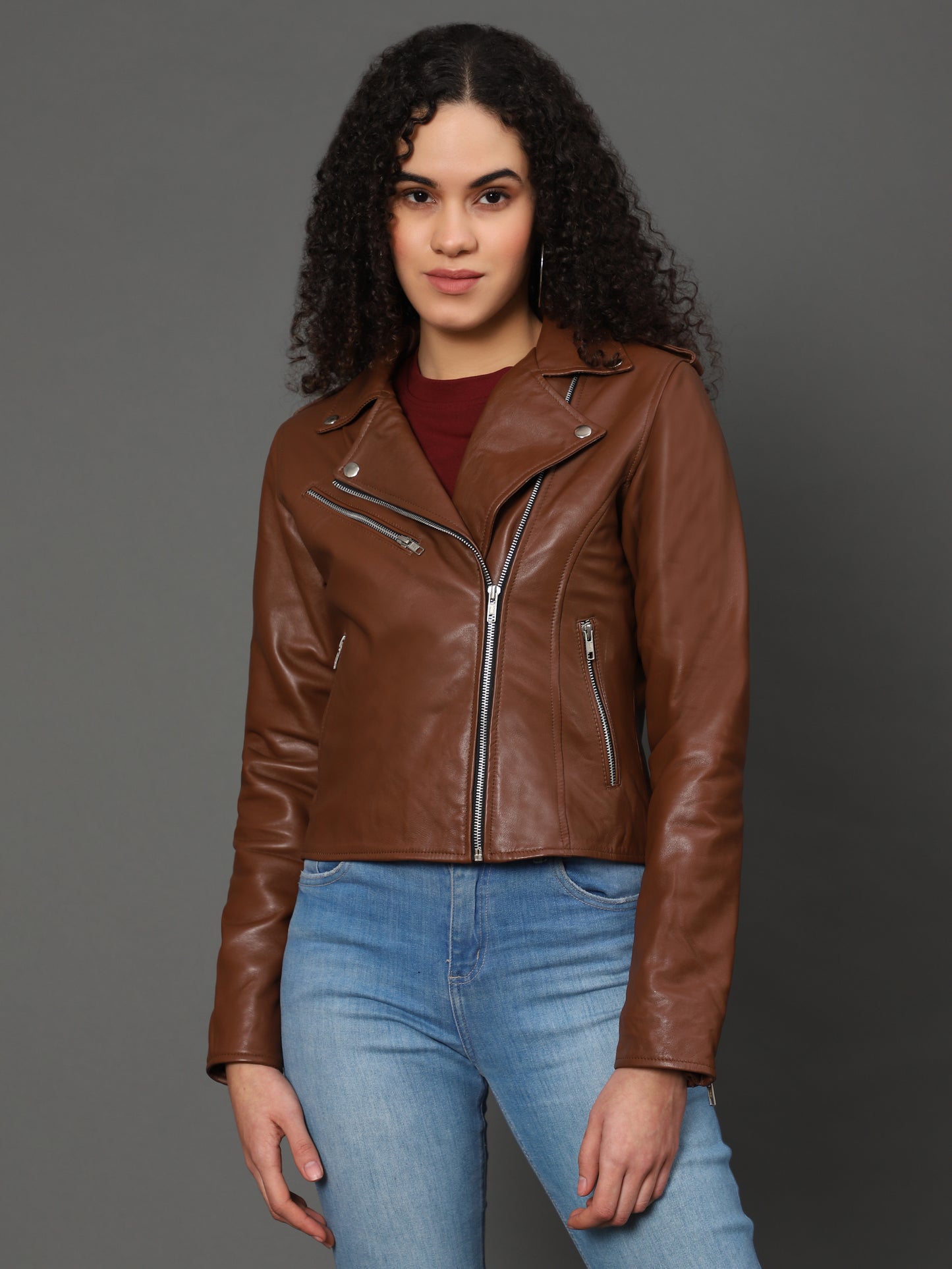 Women’s Brown Genuine Sheepskin Leather Jacket with Princess Seams