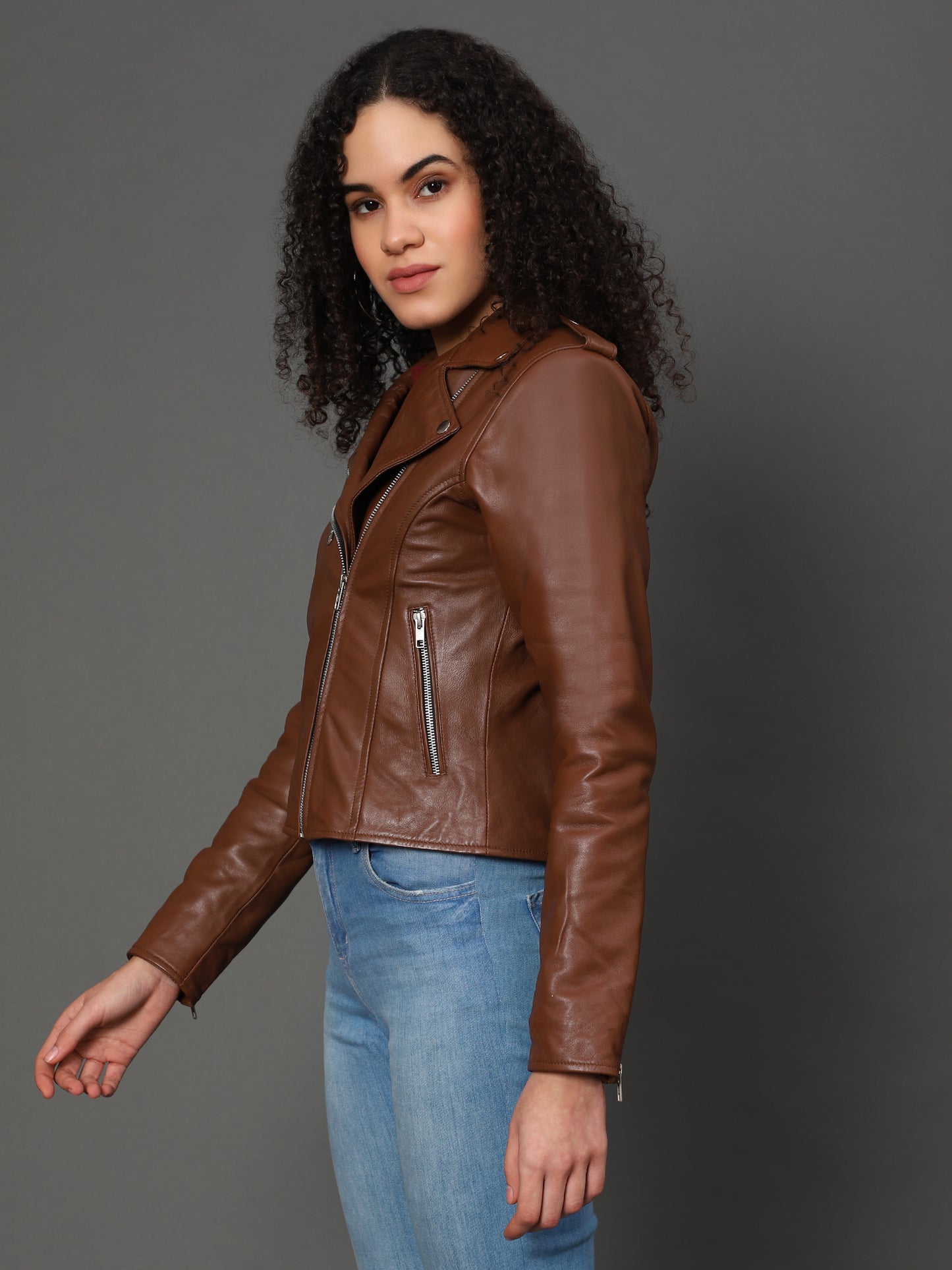 Women’s Brown Genuine Sheepskin Leather Jacket with Princess Seams