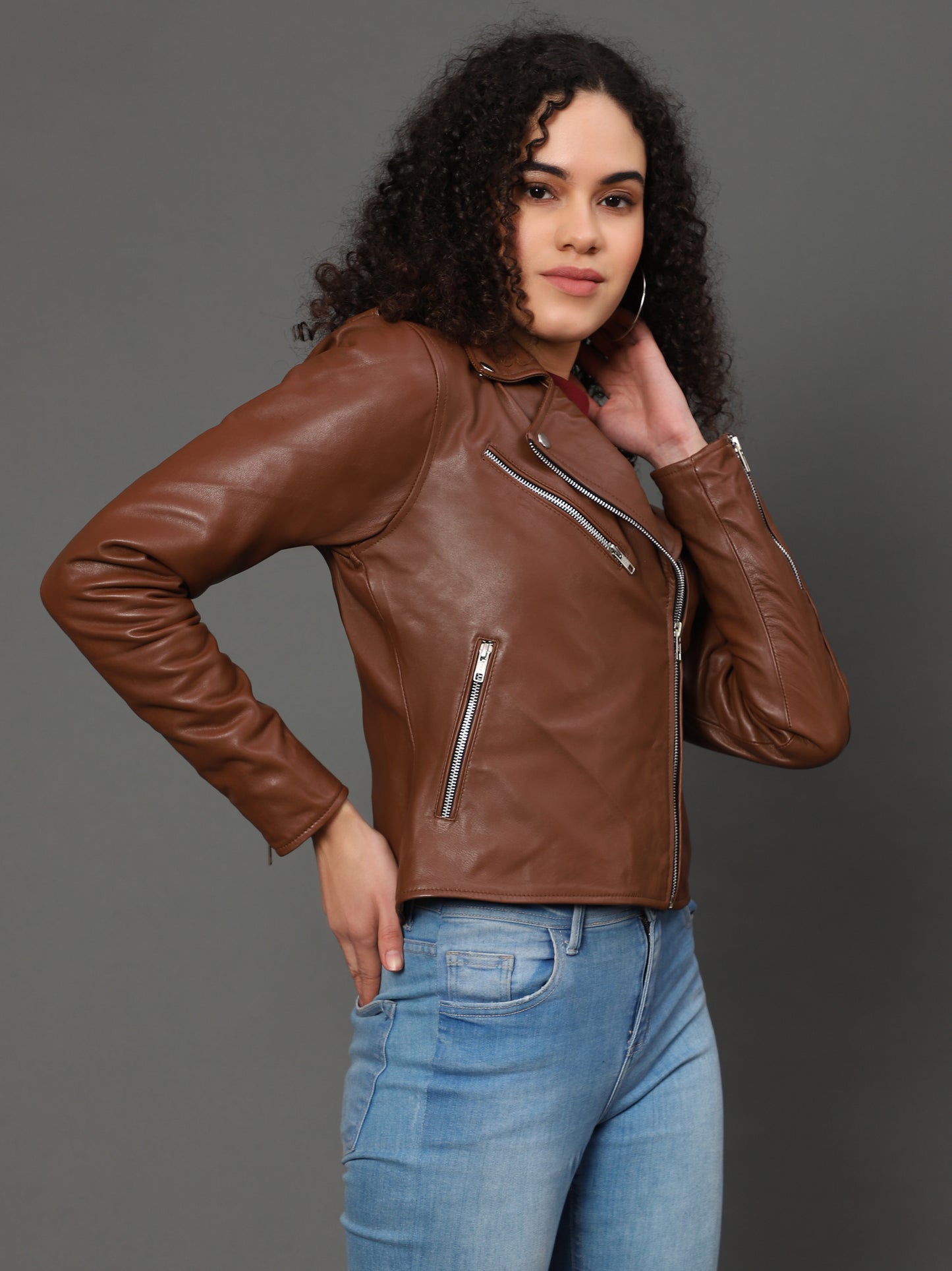 Women’s Brown Genuine Sheepskin Leather Jacket with Princess Seams