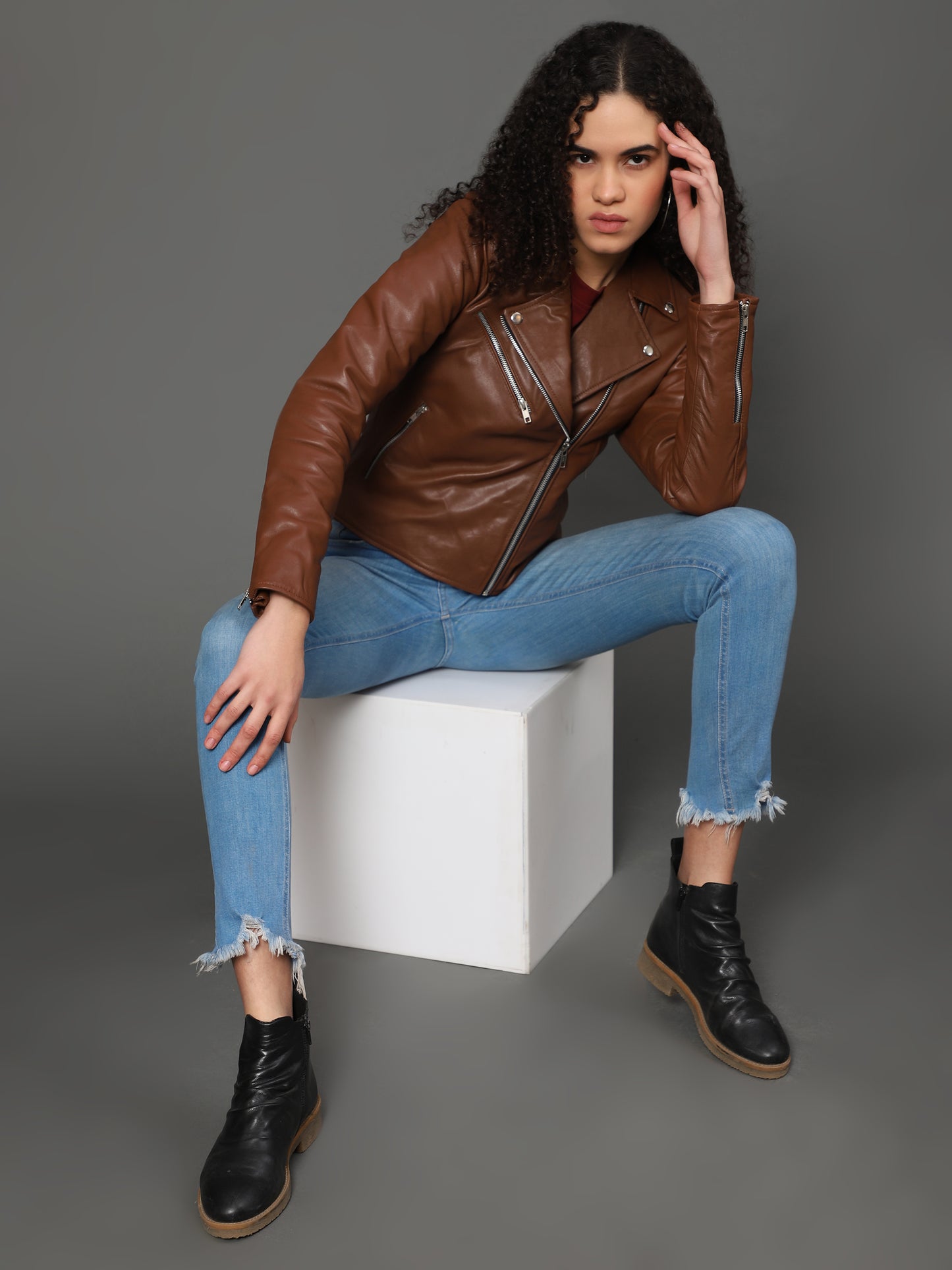 Women’s Brown Genuine Sheepskin Leather Jacket with Princess Seams