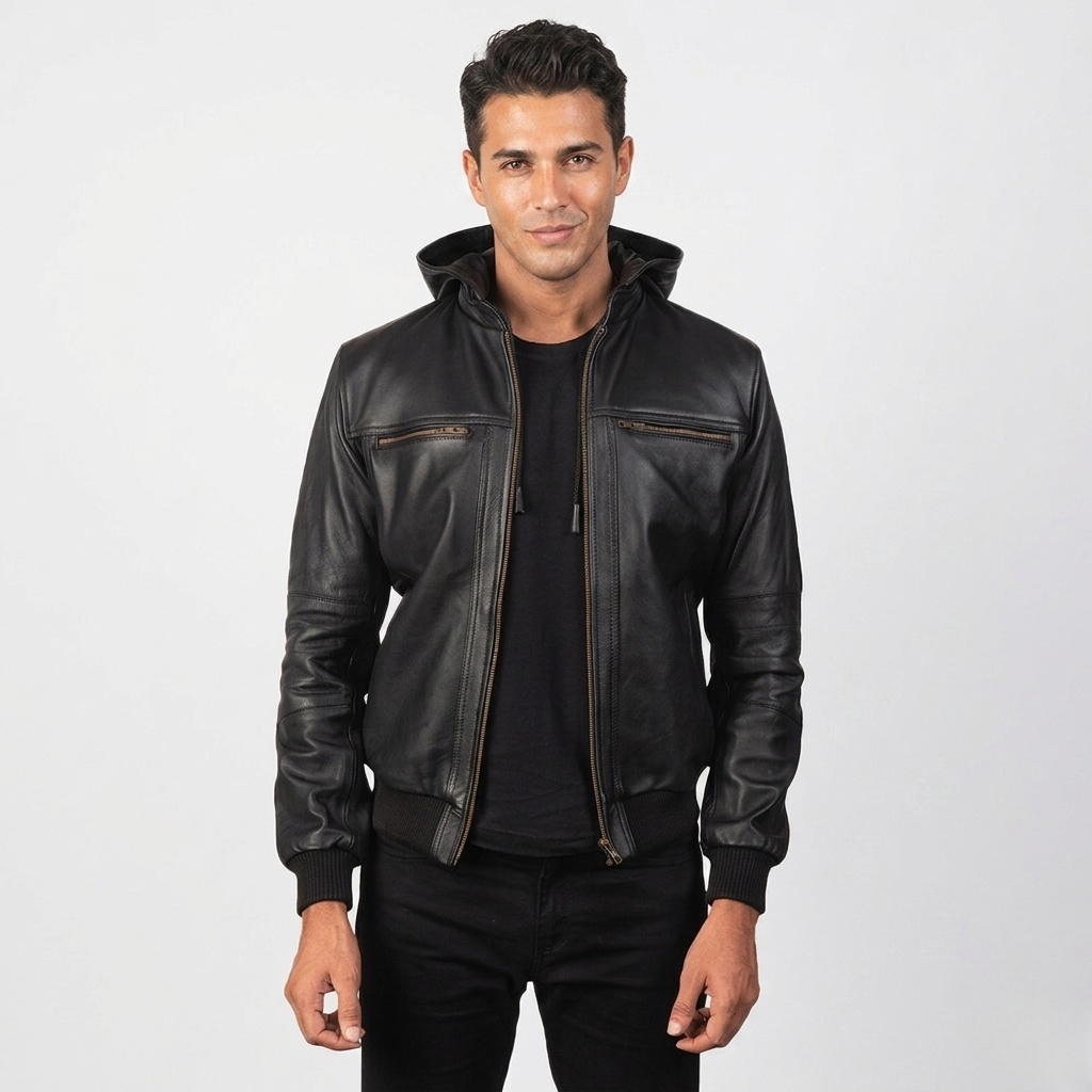 Men's Hooded Bomber Leather Jacket