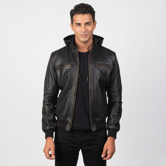 Men's Hooded Bomber Leather Jacket