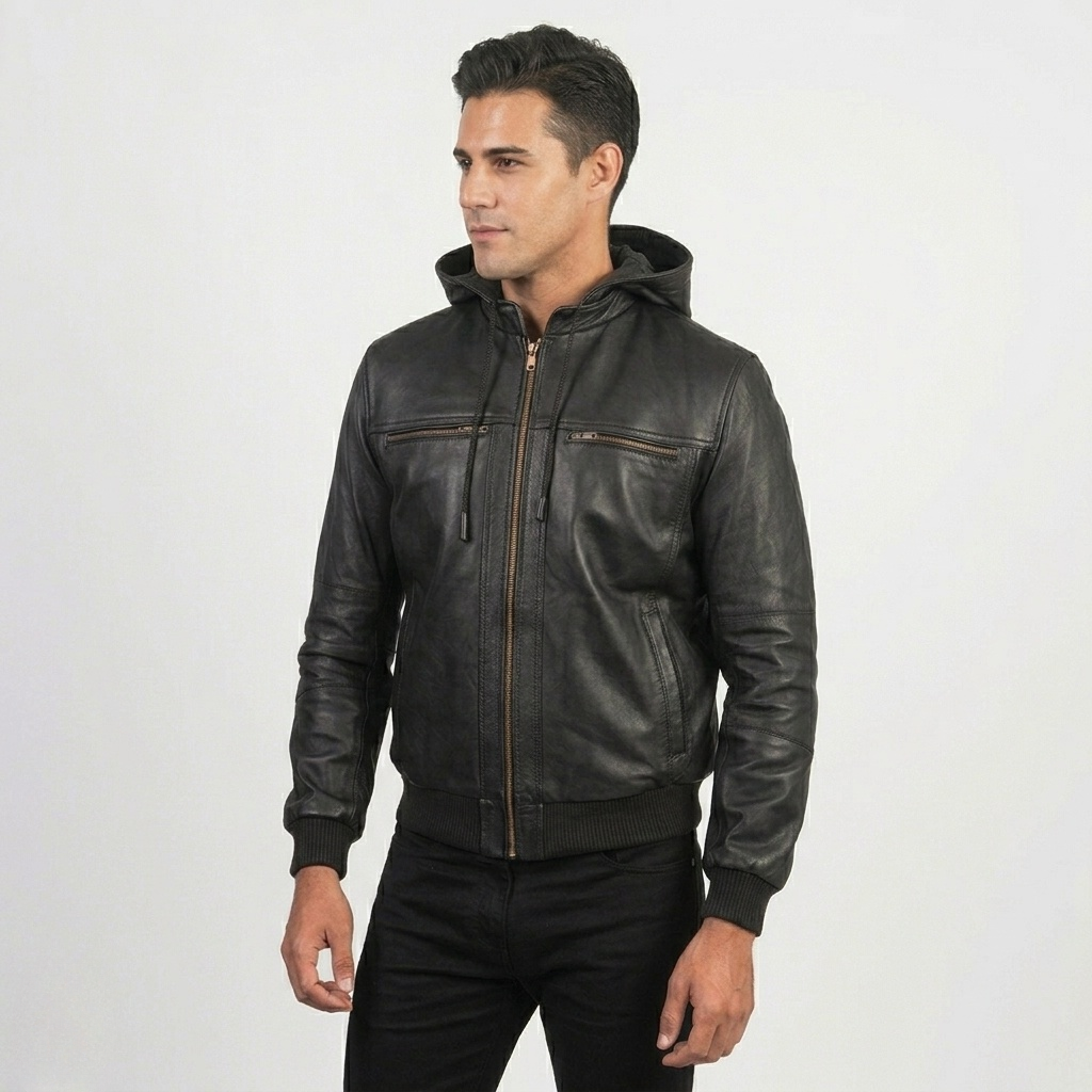 Men's Hooded Bomber Leather Jacket