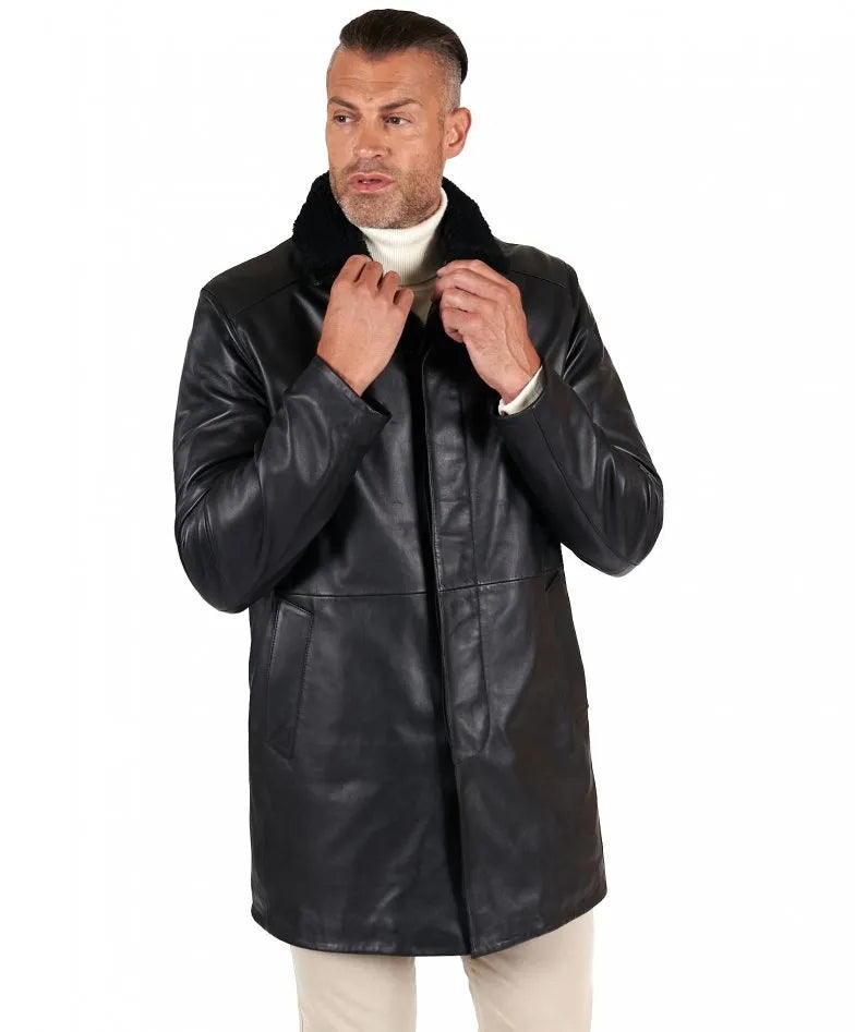 Black Sheepskin Leather Coat Detachable fur